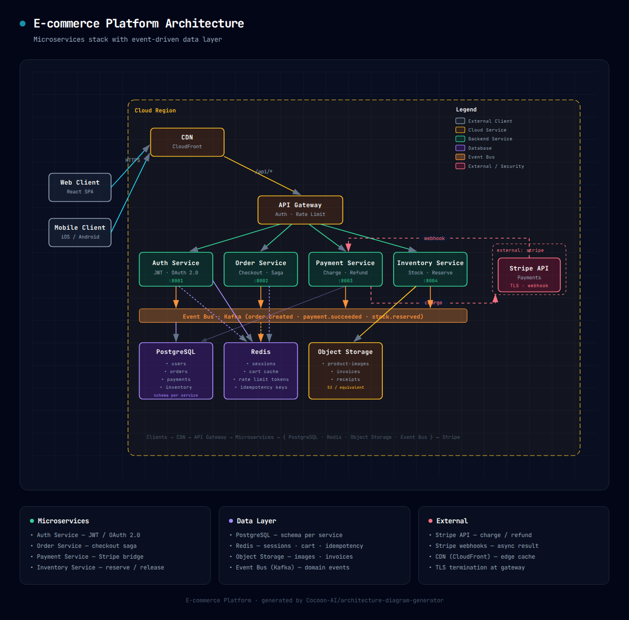architecture-diagram-generator로 생성한 e-commerce HTML 다이어그램