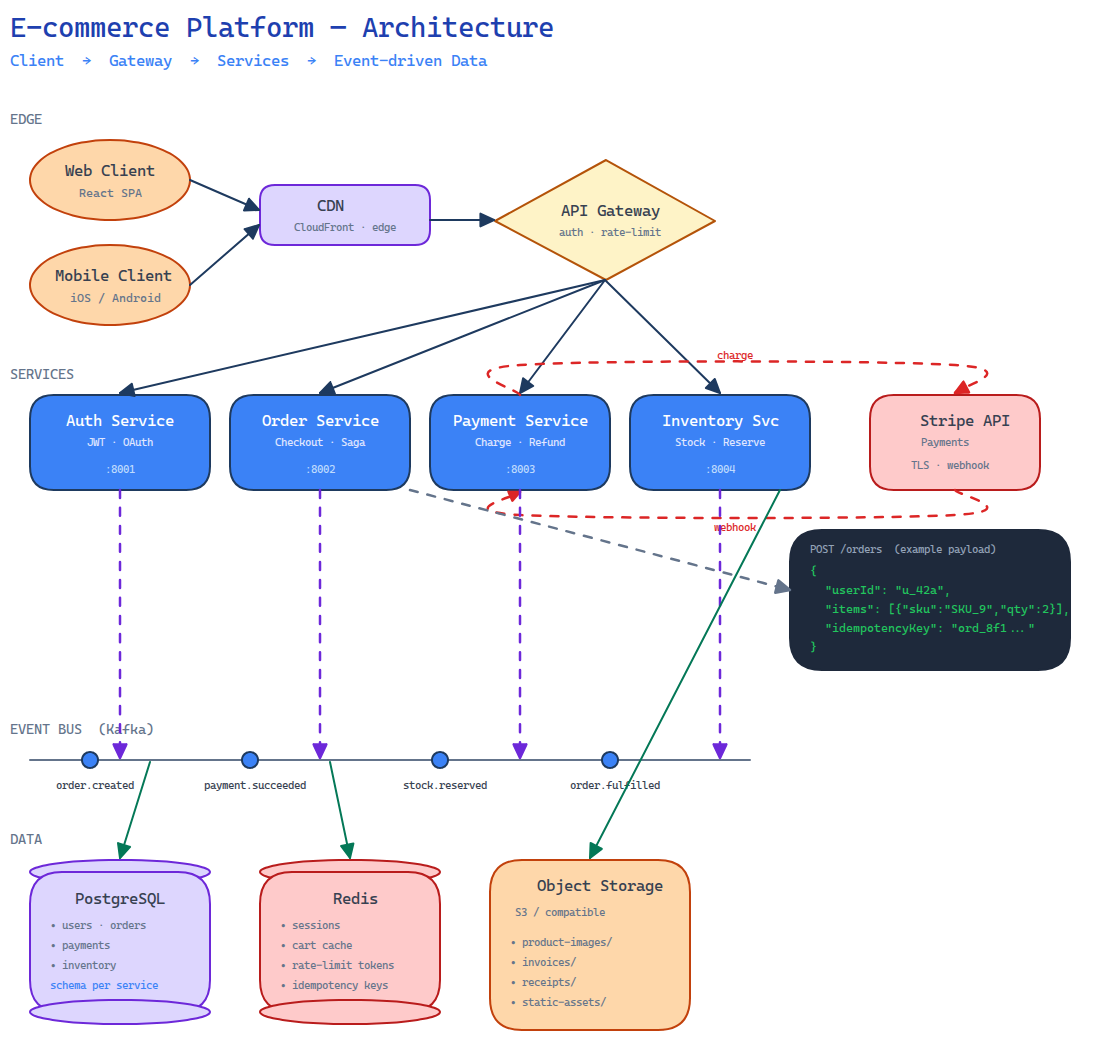 excalidraw-diagram-skill로 생성한 e-commerce 다이어그램 (Playwright 렌더)